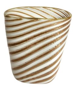 Murano candy-striped gold-and-white glass vase displayed on a white background.