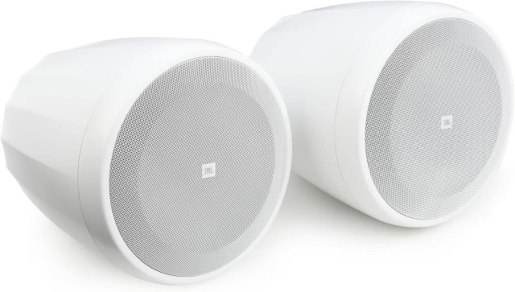 White JBL full-range hanging pendant speakers.